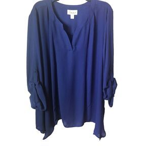 NWT Simply Emma Sheer Dark Blue Tunic Style Blouse with Roll Up Sleeves Size 3X
